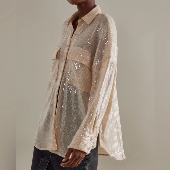 NWT Pilcro Anthropologie sold out spring ivory cream sequin button up shirt - Picture 1 of 7
